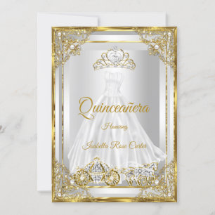 Gold White Quinceanera Dress Tiara Carwagen Einladung