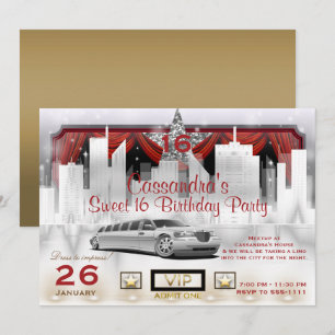 Gold White & Red City Lights Limo Geburtstagsfeier Einladung