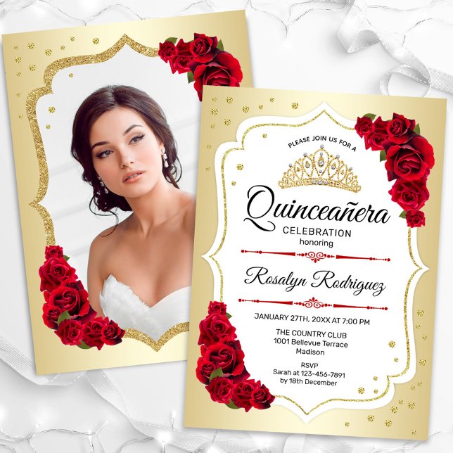 Gold White Red Foto Quinceanera Einladung (Von Creator hochgeladen)