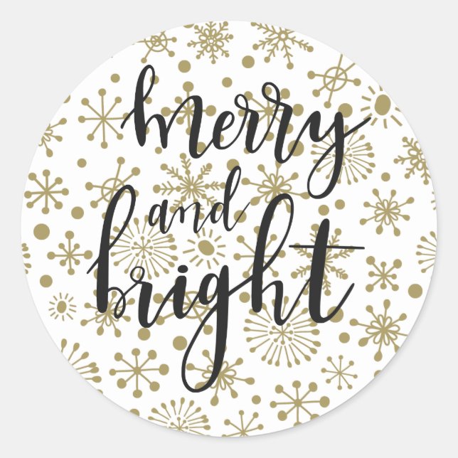 Gold & White Retro Snowflakes MERRY & BRIGHT Gefal Runder Aufkleber (Vorderseite)