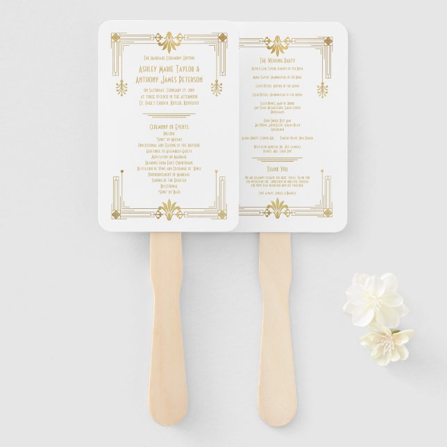 Gold White Roaring 20er Jahre Art Deco Fächer (Vorne und Hinten)