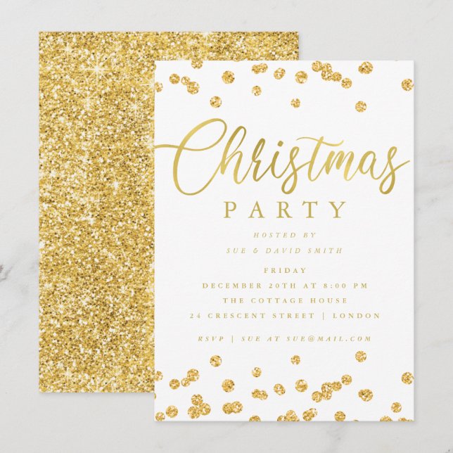 Gold White Script Confetti Weihnachten Party Einladung (Vorne/Hinten)