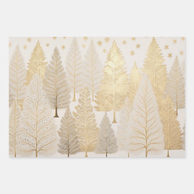 Gold White Silver Trees Weihnachten Geschenkpapier Set (Vorderseite 2)