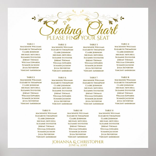 Gold & White Simple 11 Table Wedding Seating Chart Poster (Vorne)