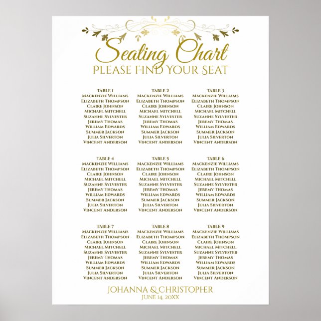Gold & White Simple 9 Table Wedding Chart Poster (Vorne)