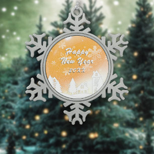 Gold White Snow House Frohes Neues Jahr Schneeflocken Zinn-Ornament