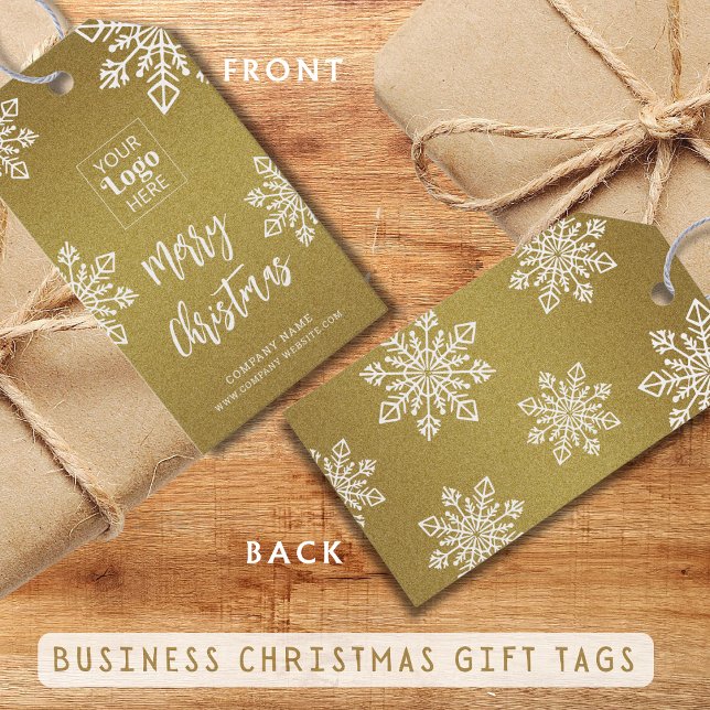 Gold White Snowflake Company Logo Frohe Weihnachte Geschenkanhänger (Von Creator hochgeladen)