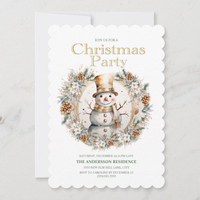 Gold White Snowman Greenery Weihnachtsfest Party Einladung (Vorderseite)