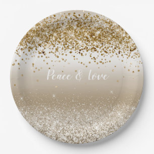 Gold White Sparkle Glitzer Peace Liebe Pappteller
