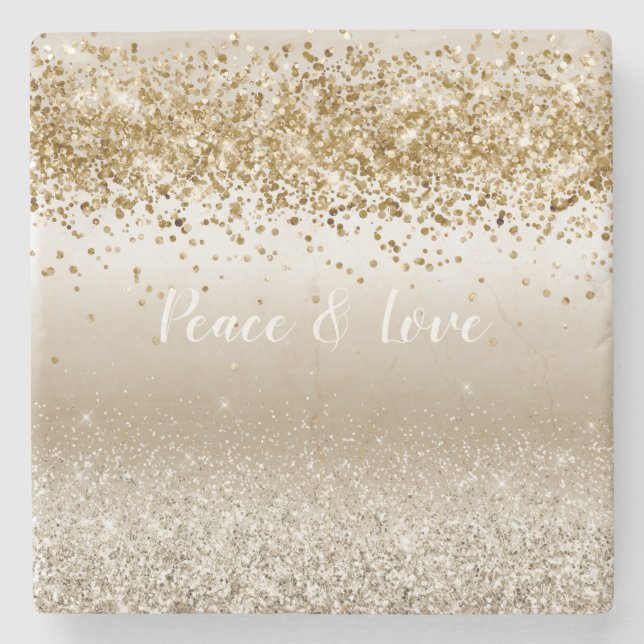 Gold White Sparkle Glitzer Peace Liebe             Steinuntersetzer (Vorderseite)