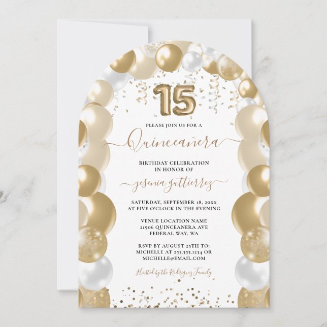 Gold White Sparkle Quinceañera Balloon Foto Einladung (Vorderseite)