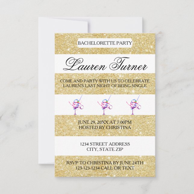 Gold & White Stripes - Invitation Bachelorette 3x5 (Devant)