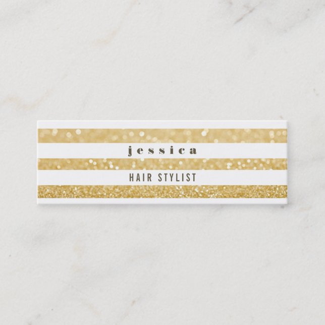 Gold & White Strips Haarstylist Skinncard Mini Visitenkarte (Vorderseite)