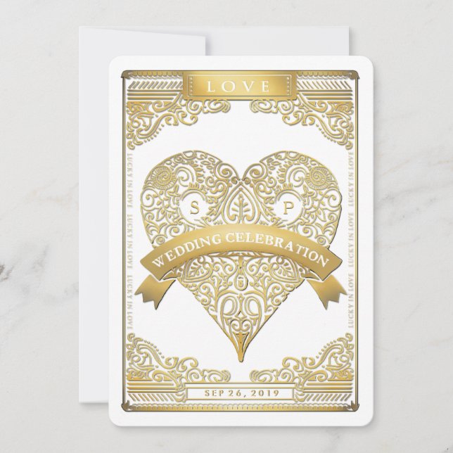 Gold White Vegas Spielkarte Herzenslust Einladung (Vorderseite)