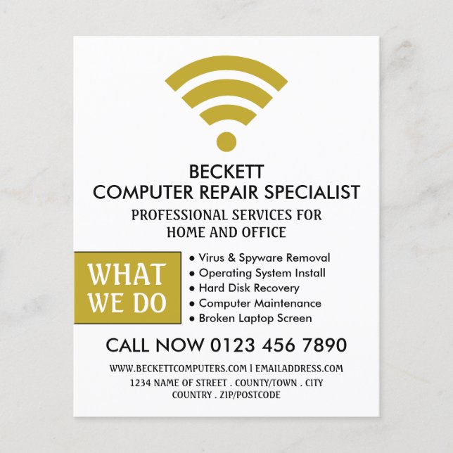 Gold Wi-Fi-Logo, Fachwerbung für Computerreparatur Flyer (Vorne)