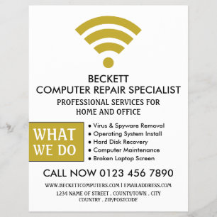 Gold Wi-Fi-Logo, Fachwerbung für Computerreparatur Flyer