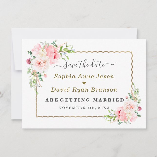 Gold Wild Pink Flowers Wedding Calligraphy  Save The Date (Vorderseite)