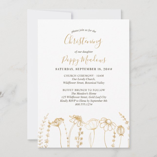 Gold Wildblume Sketch Simple Floral Christening Einladung (Vorderseite)