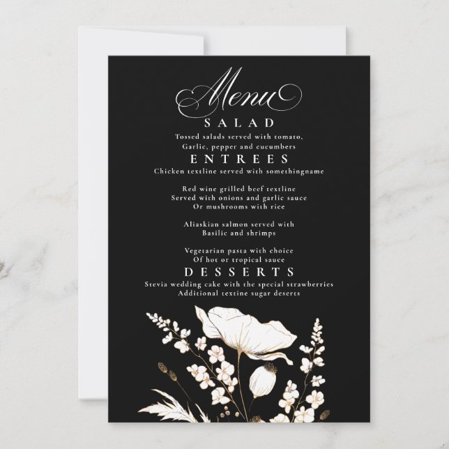 Gold Wildblumen Schwarz-Weiß-Hochzeitsmenü Einladung (Vorderseite)