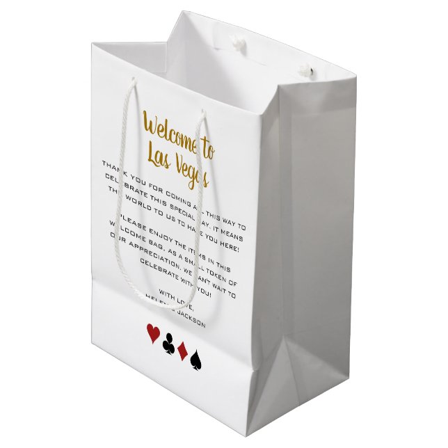 Gold Willkommen bei Las Vegas Wedding Willkommen Mittlere Geschenktüte (Vorderseite Schrägansicht)
