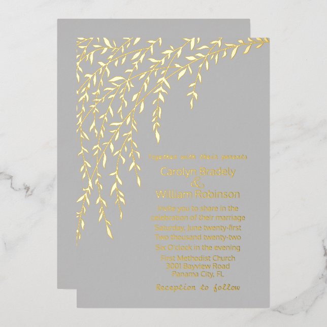 Gold Willows Gris Mariage Foil Invitation (Recto/Verso)