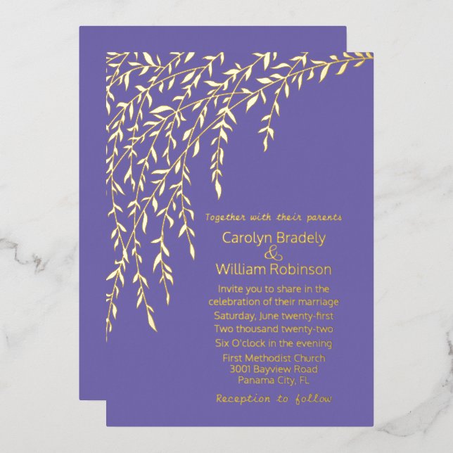 Gold Willows Lavender Wedding Foil Einladung (Vorderseite/Rückseite)
