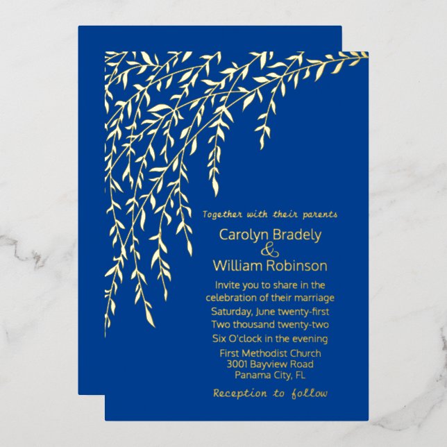 Gold Willows Royal Blue Wedding Foil Einladung (Vorderseite/Rückseite)