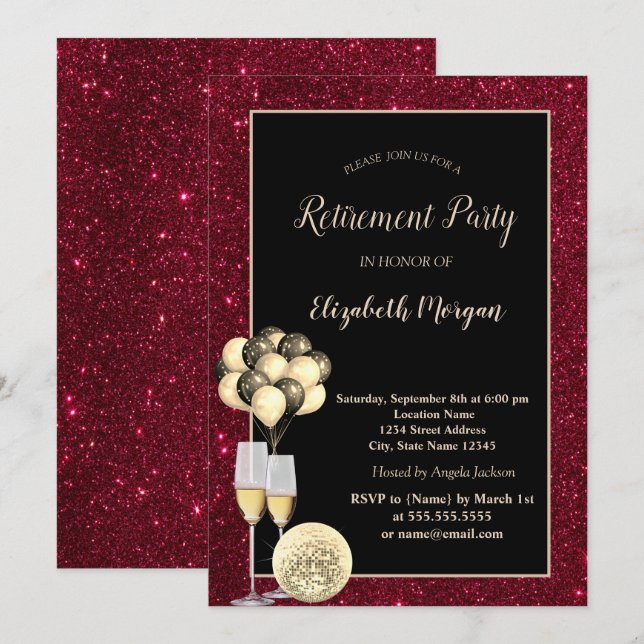 Gold-Wine-Glas, Ballons, Roter Glitzer-Rente Einladung (Vorne/Hinten)