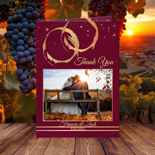 Gold Wine Wedding Foto Vielen Dank Note Card Dankeskarte (Wedding Thank You note card featuring your own wedding picture framed by a wine themed design)