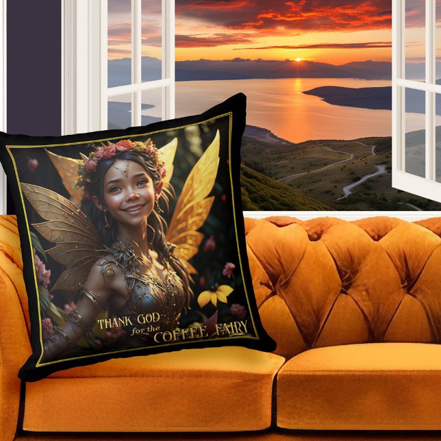 Gold Winged Coffee Fairy Kissen (Artistic design pillow featuring a happy coffee fairy - great for coffee lovers)