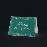 Gold Winter Greenery Aquamarine Weihnachtskarte Feiertagskarte<br><div class="desc">Diese elegante Weihnachtskarte ist eine großartige Möglichkeit, um einen Urlaub mit der Familie und Freunden zu versenden. Die Vorderseite ist mit goldfarbenem Urlaubspavillon auf dunklem aquamarinem Hintergrund gestaltet. Eleganter Text lautet "Frohe Weihnachten". Fügen Sie Ihre eigene benutzerdefinierte Nachricht auf der Innenseite hinzu oder verwenden Sie die Beispielmeldung, die angezeigt wird....</div>