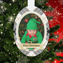 Gold Winter Kariert Erstes WeihnachtsFoto Ornament