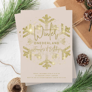 Gold Winter ONEDERLAND 1. Geburtstag Glitzer Beige Einladung