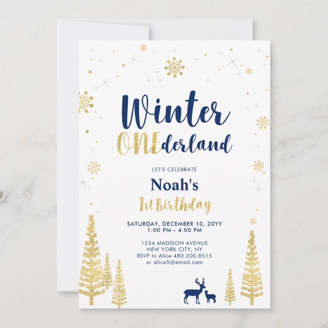 Gold Winter Onederland 1st Boy Birthday Einladung (Vorderseite)