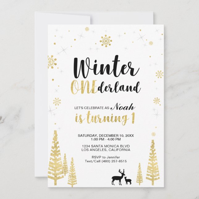 Gold Winter Onederland 1st Boy Birthday Einladung (Vorderseite)