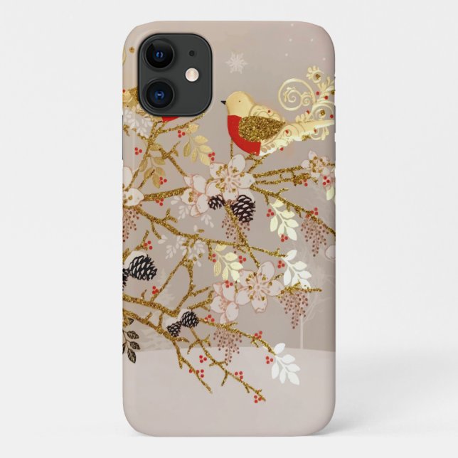 Gold Winter Snow Birds Weihnachten Case-Mate iPhone Hülle (Rückseite)