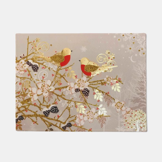 Gold Winter Snow Birds Weihnachten Fußmatte (Vorderseite)