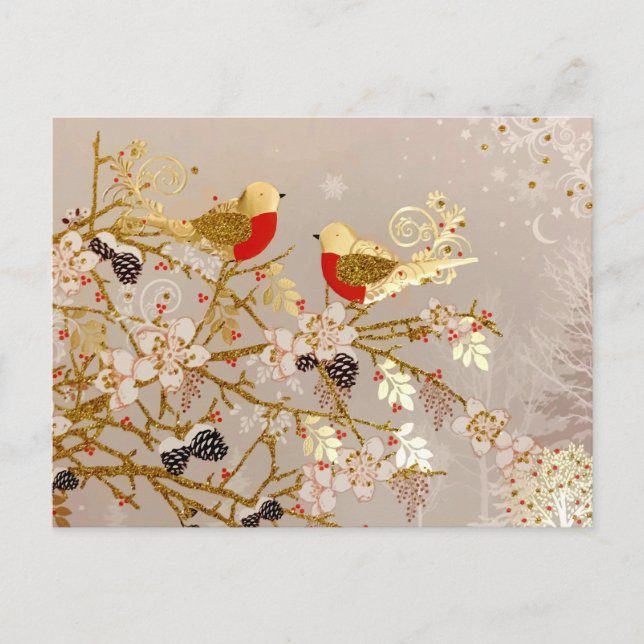 Gold Winter Snow Birds Weihnachten Postkarte (Vorderseite)