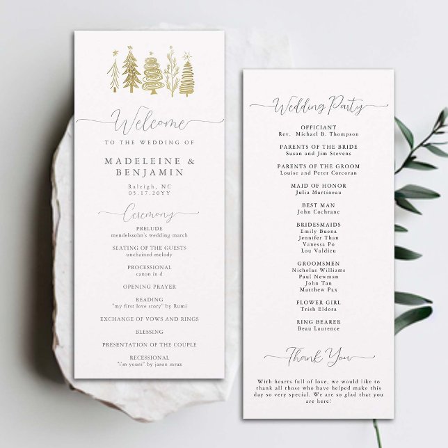 Gold Winter Trees Élégant programme de mariage mod (winter christmas tree botanical wedding ceremony program elegant modern classic black white gold)
