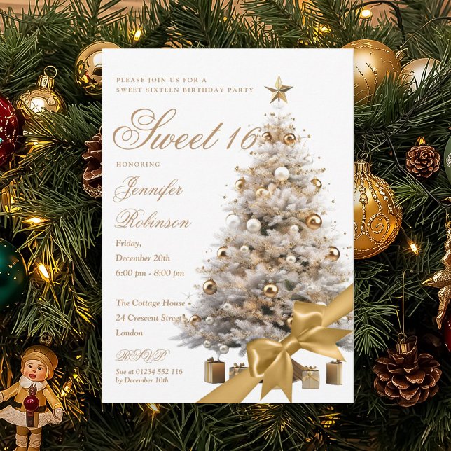 Gold Winter Wonderland Bow Sweet 16 Birthday Party Einladung (Gold Winter Wonderland Bow Sweet 16 Birthday Party Invitation)