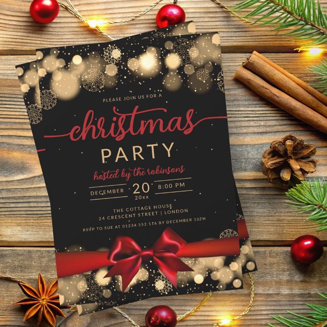 Gold Winter Wonderland Family Xmas Red Ribbon Einladung (Gold Winter Wonderland Family Xmas Red Ribbon Invitation)
