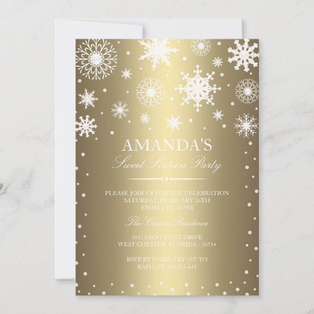 Gold Winter Wonderland Sweet 16 Einladung (Vorderseite)