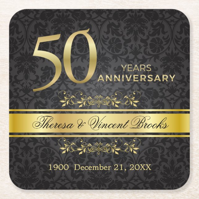 Gold Wirbel Black Damask 50 Hochzeitstag Rechteckiger Pappuntersetzer (Vorderseite)