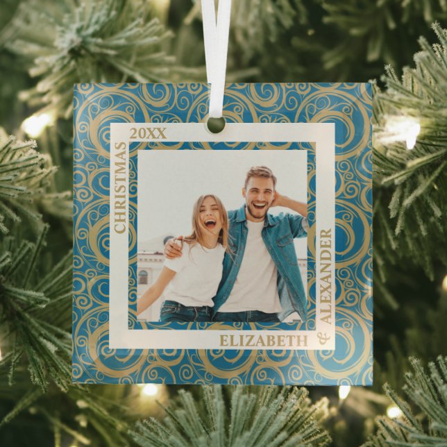 Gold Wirbel Foto Blue Ornament Aus Glas (Insitu)