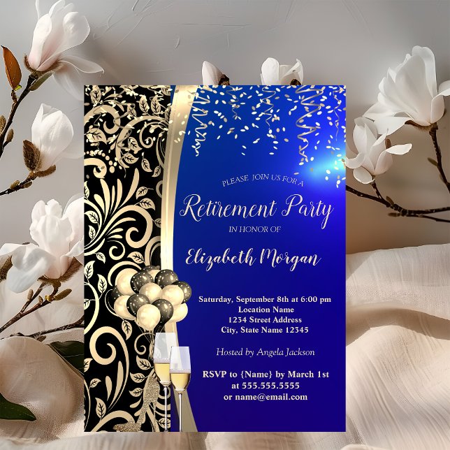 Gold Wirbel Glas, High Heels, Blue Retirement Einladung (Von Creator hochgeladen)