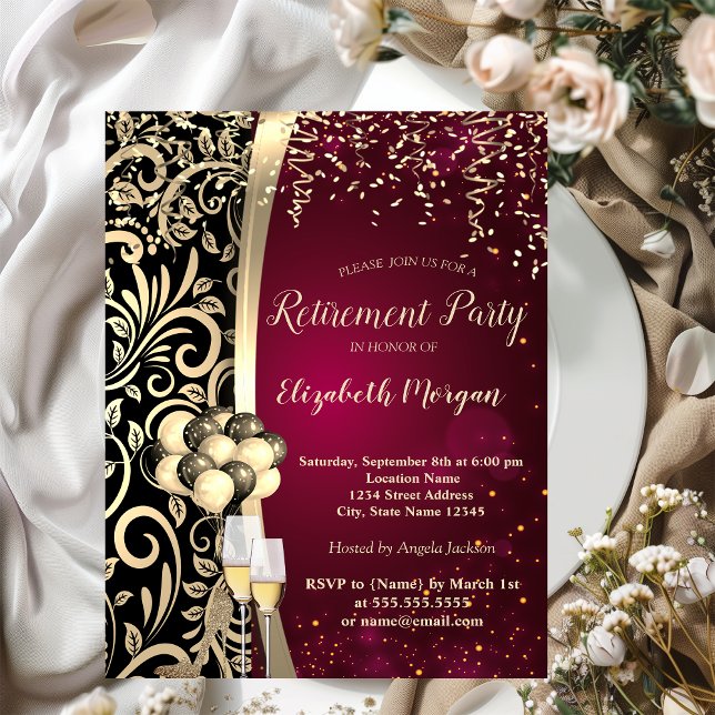 Gold-Wirbel Glas, hohe Absätze, Rotes Ruhestand Einladung (Von Creator hochgeladen)