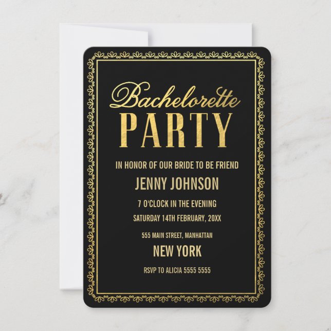 Gold Womens Bachelorette Abend Party Einladung (Vorderseite)