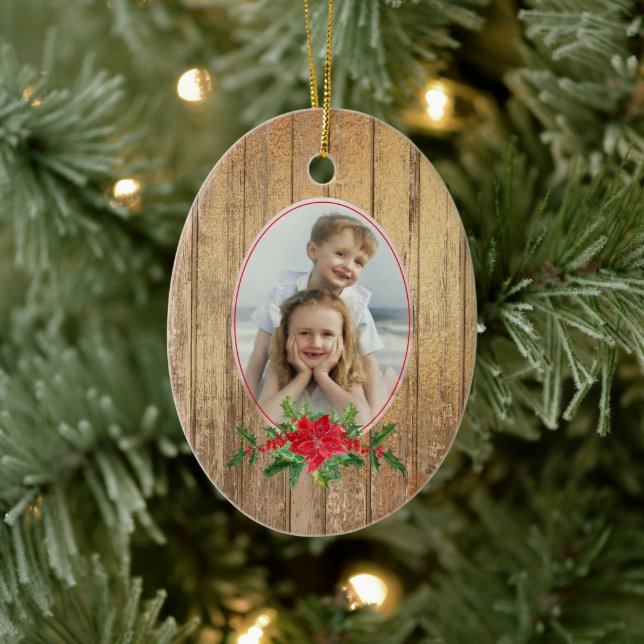 Gold Wood Poinsettia Rahmen Fotovorlage Urlaub Keramik Ornament (Baum)
