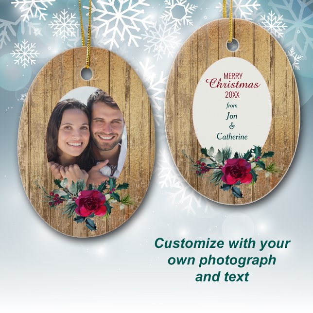 Gold Wood Rote Rose Frame Foto Template Urlaub Keramik Ornament (Von Creator hochgeladen)