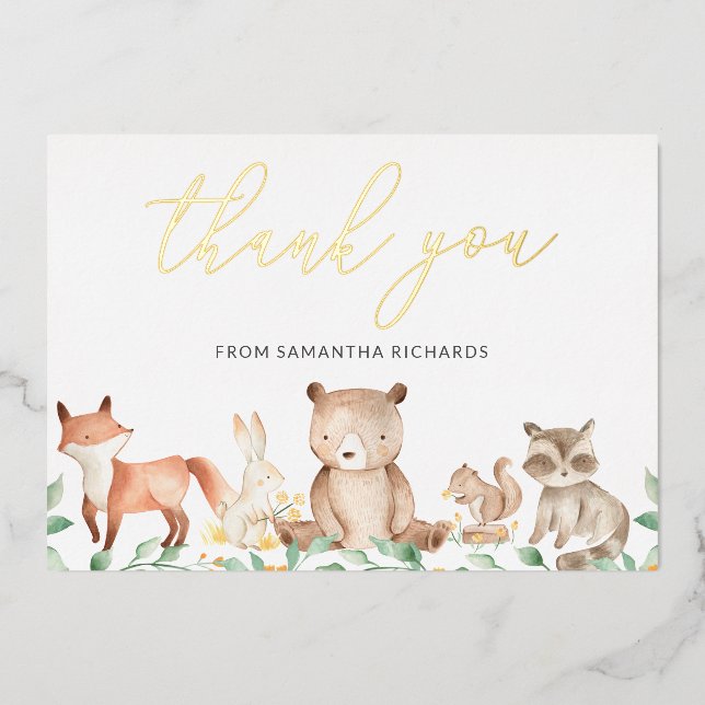 Gold Woodland Animals Kinderdusche Danke Karte (Vorderseite)